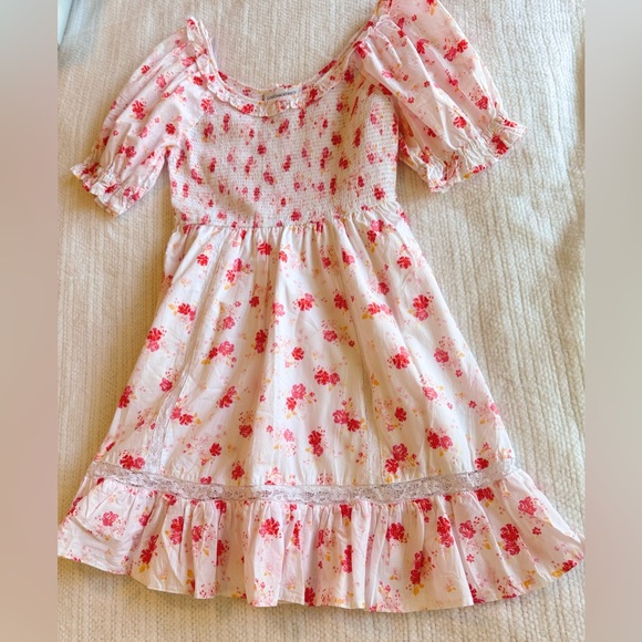 LOVESHACKFANCY Cosette White Cotton & Hot Pink Floral Smocked Ruffle Mini Dress